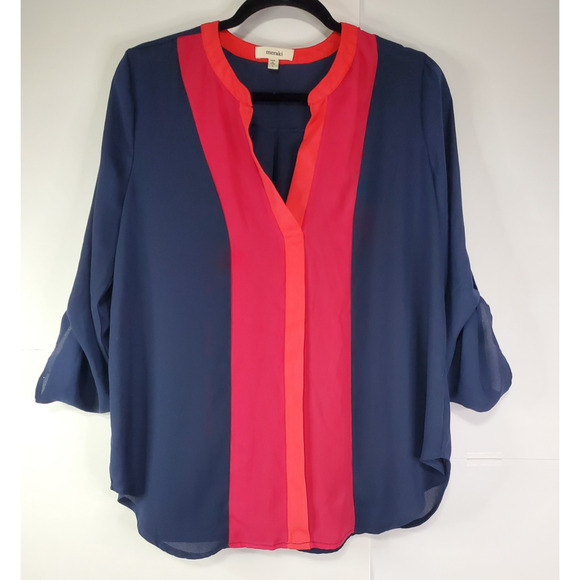 Meraki Large Color block Blue Pink Orange Meraki Brand 3/4 Sleeve V Neck blouse - Picture 1 of 8